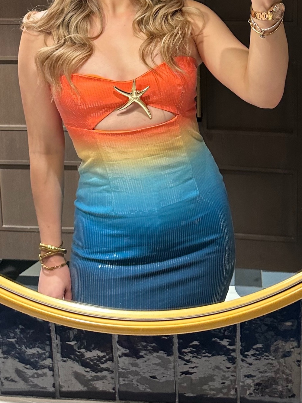 Gradient Cutout Mini Dress with Star Accent - Orange to Blue
